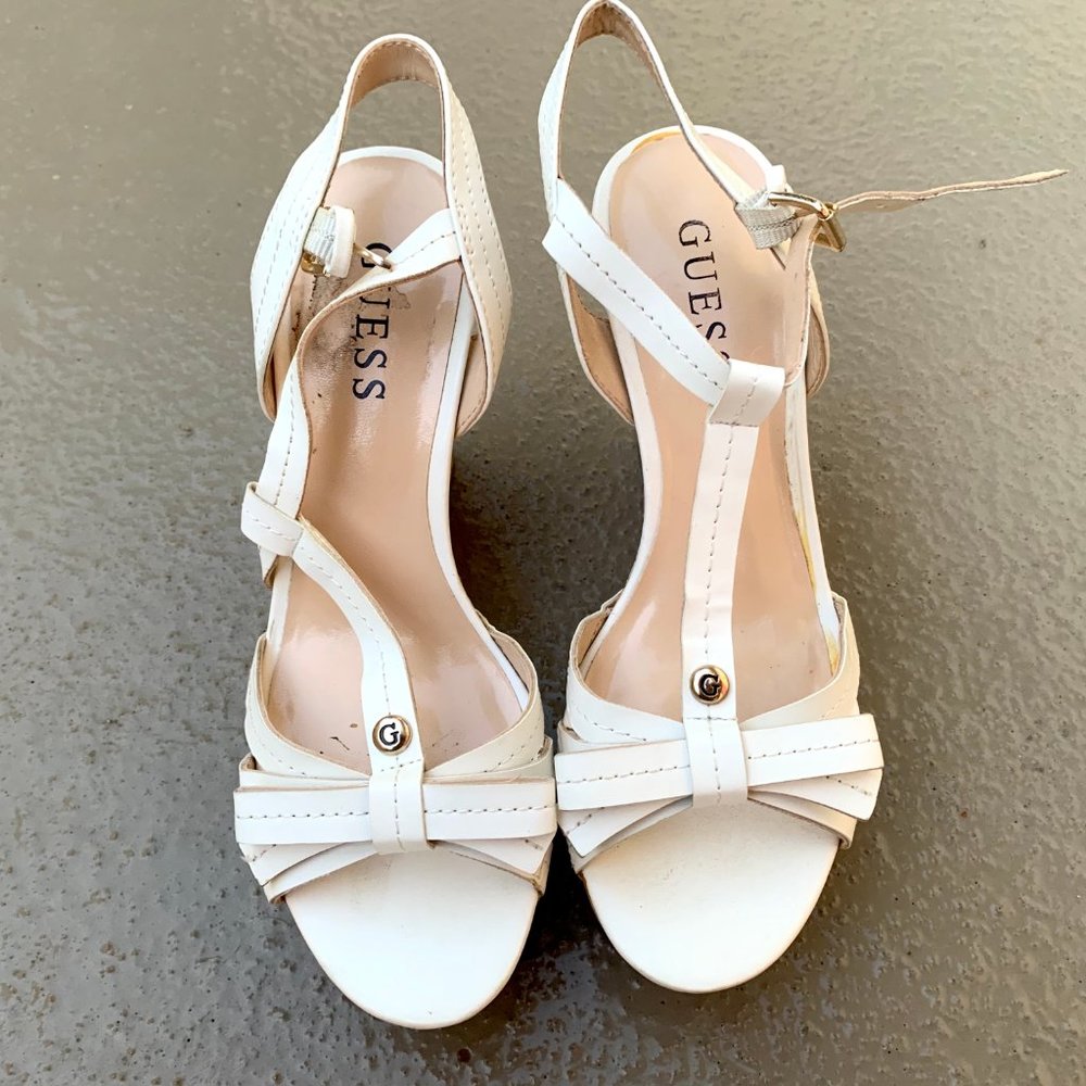GUESS White Leather Sandal Wedge with Bow Accent